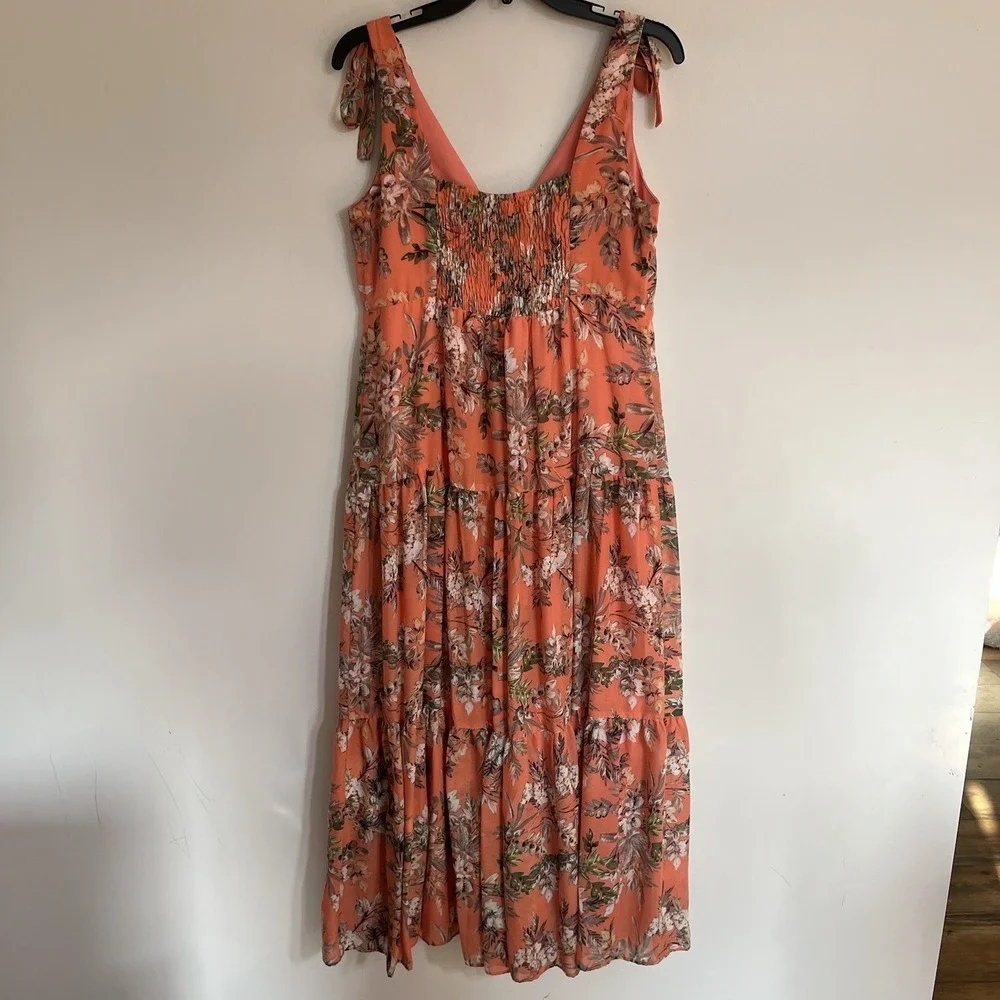 Melonie‎ T Floral Tiered Maxi Dress Coral Orange Tie Shoulder Smocked Back 10